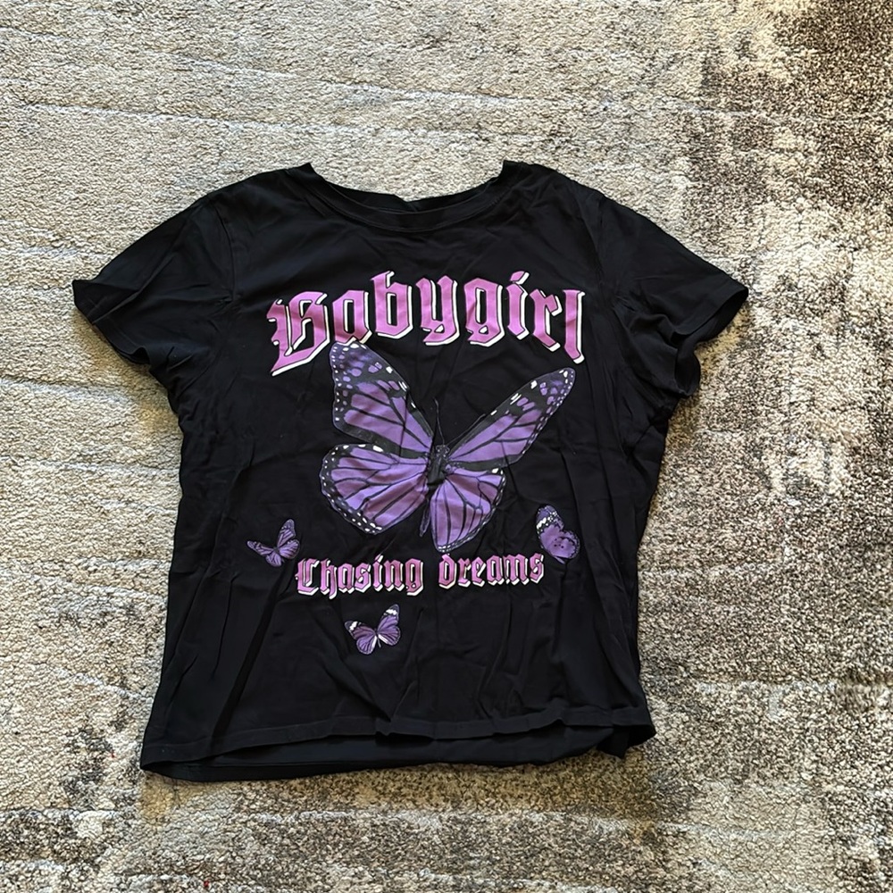Used Size big kids L adult XS FB sister baby girl shirt with purple butterfly